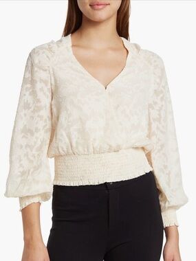 Astr the Label Cream Floral Jacquard Smocked Waist Blouse
